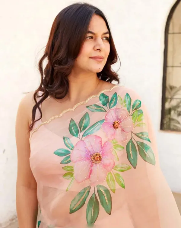 Light_Peach_Color_1-Minute_Ready_To_Wear_Organza_Silk_Saree_with_Moti_Embroidery_Work_&_Stitched_Blouse
