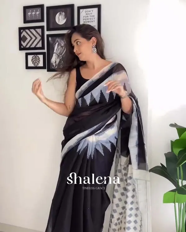Midnight_Snow_-_Black_1-Minute_Ready_to_Wear_Saree_with_White_Accent_Border_and_Black_Blouse
