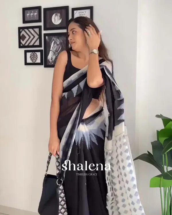 Midnight_Snow_-_Black_1-Minute_Ready_to_Wear_Saree_with_White_Accent_Border_and_Black_Blouse