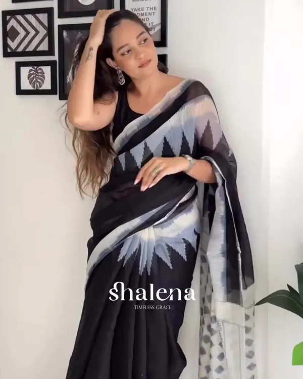 Midnight_Snow_-_Black_1-Minute_Ready_to_Wear_Saree_with_White_Accent_Border_and_Black_Blouse