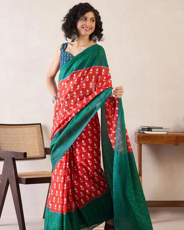 Red_And_Green_Color_Mulmul_Cotton_1_-_Minute_Ready_to_Wear_Saree_with_Pocket_and_Blouse_Piece