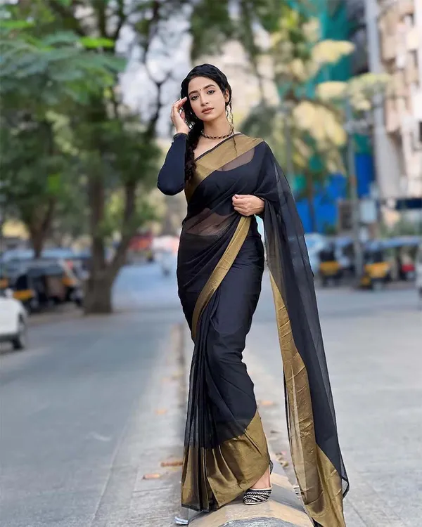 Black_Color_1-Minute_Ready_To_Wear_Georgette_Saree_With_Blouse_Piece