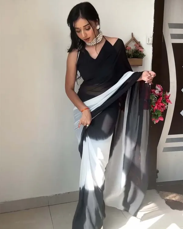 White_And_Black_Color_1-Minute_Ready_To_Wear_Georgette_Saree_With_Blouse_Piece
