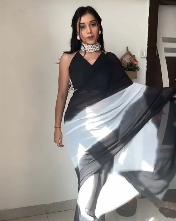 White_And_Black_Color_1-Minute_Ready_To_Wear_Georgette_Saree_With_Blouse_Piece