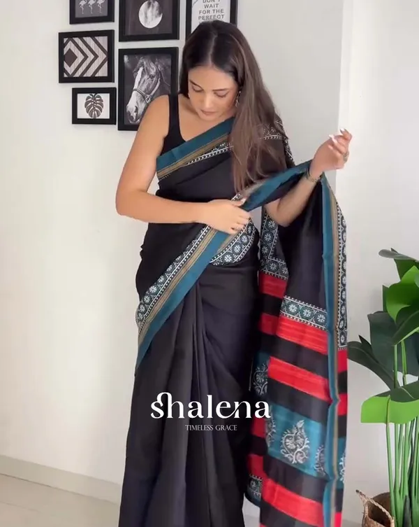 Dark_Horizon_-_Black_Linen_1-Minute_Ready_to_Wear_Saree_with_Blue_Border_&_Matching_Blouse