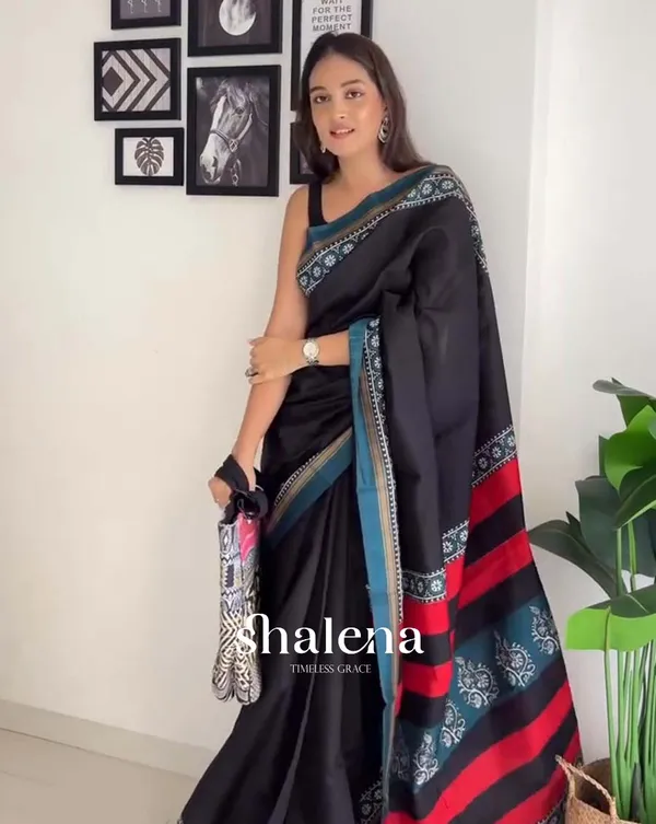 Dark_Horizon_-_Black_Linen_1-Minute_Ready_to_Wear_Saree_with_Blue_Border_&_Matching_Blouse