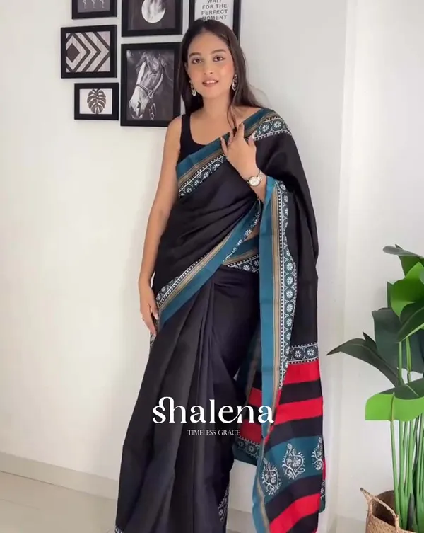 Dark_Horizon_-_Black_Linen_1-Minute_Ready_to_Wear_Saree_with_Blue_Border_&_Matching_Blouse