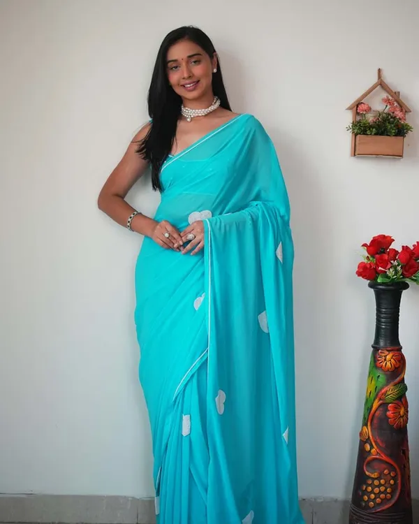 Bottle_Blue_Color_1-Minute_Ready_To_Wear_Georgette_Saree_With_Blouse_Piece