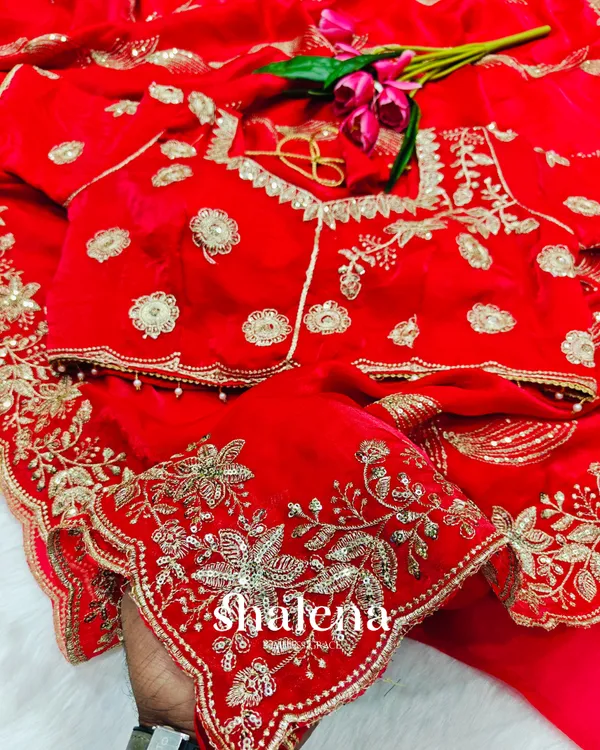 Blooming_Red_Fendy_Silk_Sequence_Embroidery_Work_Saree_With_Stitched_Blouse