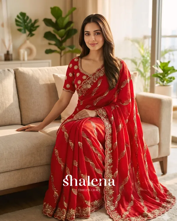 Blooming_Red_Fendy_Silk_Sequence_Embroidery_Work_Saree_With_Stitched_Blouse