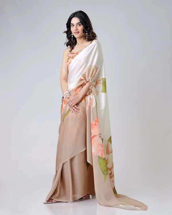 White_and_brown_Color_1_-_Minute_Ready_to_Wear_Satin_Silk_Saree_with_Unstitch_Blouse_Piece
