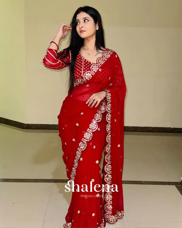 Groovy_Maroon_Embroidery_Work_Soft_Georgette_Silk_Saree_With_Mesmeric_Full_Stitched_Blouse