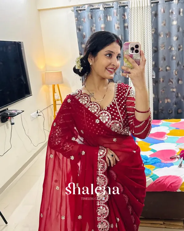 Groovy_Maroon_Embroidery_Work_Soft_Georgette_Silk_Saree_With_Mesmeric_Full_Stitched_Blouse