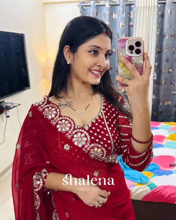 Groovy_Maroon_Embroidery_Work_Soft_Georgette_Silk_Saree_With_Mesmeric_Full_Stitched_Blouse
