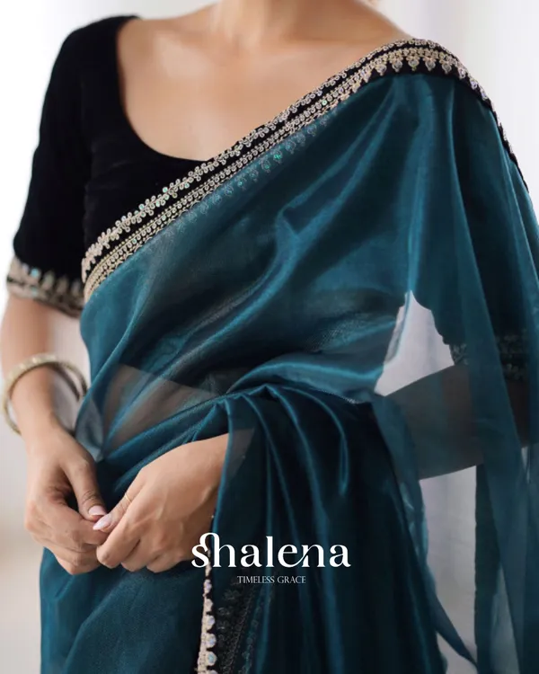 Blissful_Rama_Twill_Net_Embroidery_Work_Saree_With_Velvet_Blouse_Piece