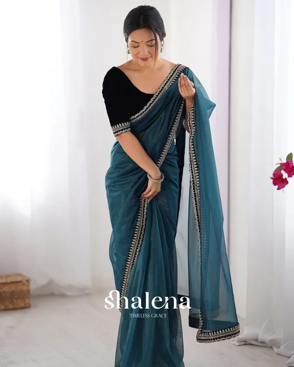 Blissful_Rama_Twill_Net_Embroidery_Work_Saree_With_Velvet_Blouse_Piece