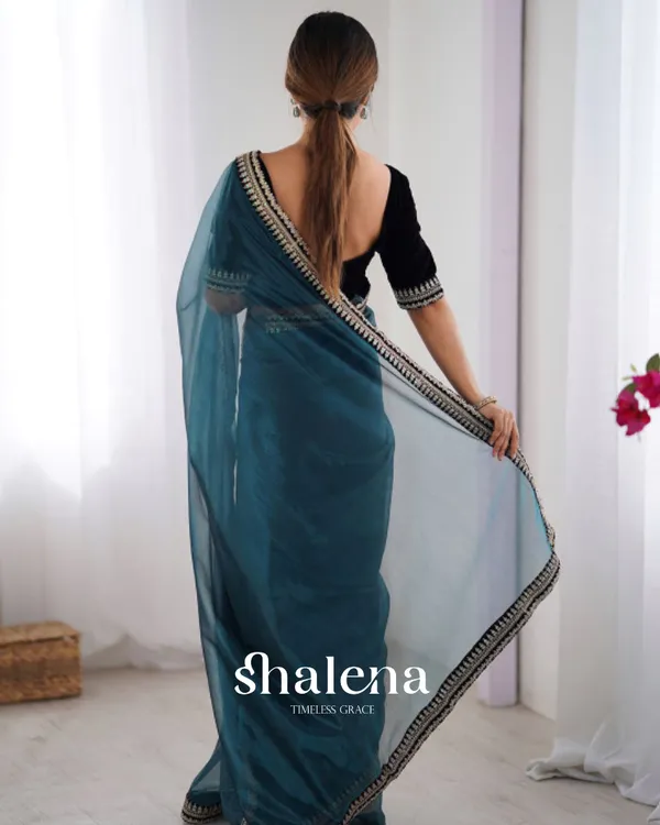 Blissful_Rama_Twill_Net_Embroidery_Work_Saree_With_Velvet_Blouse_Piece
