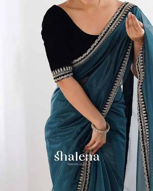 Blissful_Rama_Twill_Net_Embroidery_Work_Saree_With_Velvet_Blouse_Piece
