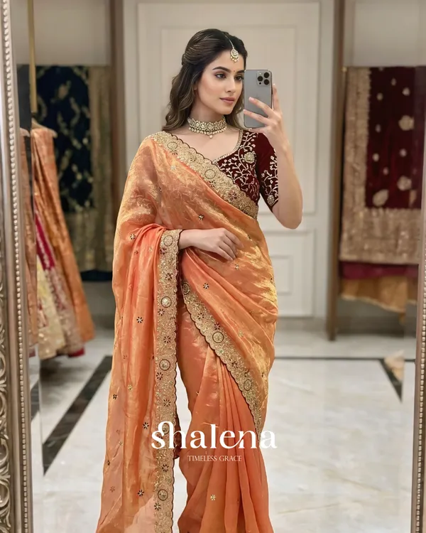 Resplendent_Orange_Fendy_Chiffon_Silk_Sequence_Embroidery_Work_Saree_With_Stitched_Blouse