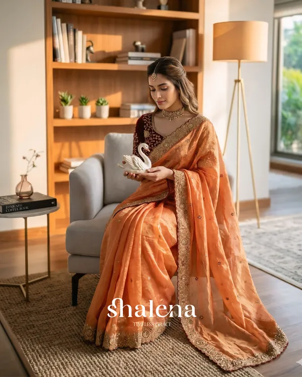 Resplendent_Orange_Fendy_Chiffon_Silk_Sequence_Embroidery_Work_Saree_With_Stitched_Blouse