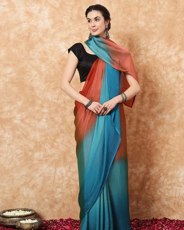 Bottle_Green_and_Orange__Color_1-Minute_Ready_To_Wear_Naylon_Saree_With_Blouse_Piece