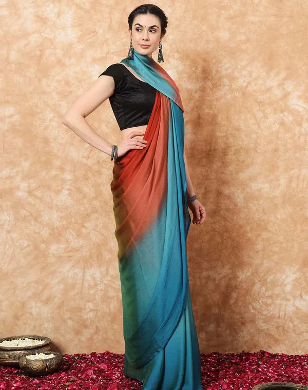 Bottle_Green_and_Orange__Color_1-Minute_Ready_To_Wear_Naylon_Saree_With_Blouse_Piece