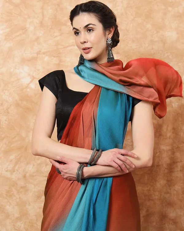 Bottle_Green_and_Orange__Color_1-Minute_Ready_To_Wear_Naylon_Saree_With_Blouse_Piece