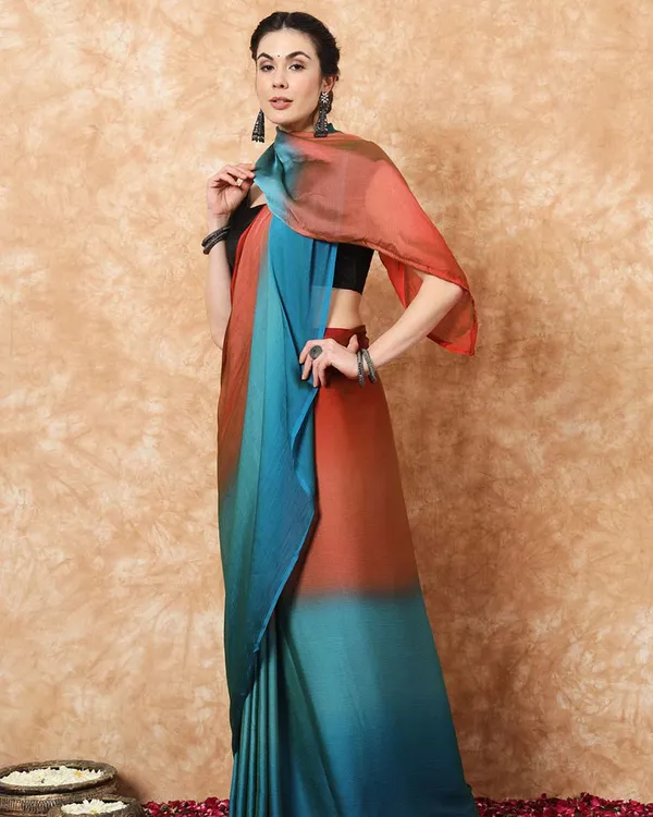 Bottle_Green_and_Orange__Color_1-Minute_Ready_To_Wear_Naylon_Saree_With_Blouse_Piece