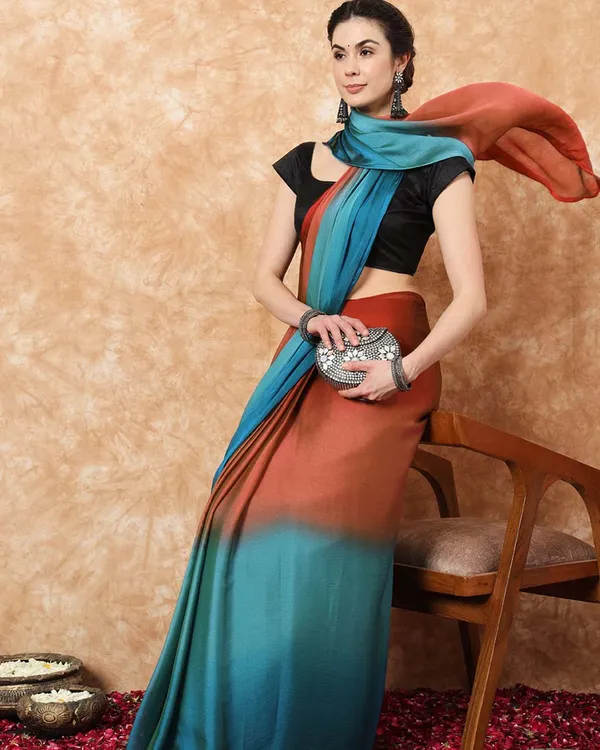 Bottle_Green_and_Orange__Color_1-Minute_Ready_To_Wear_Naylon_Saree_With_Blouse_Piece