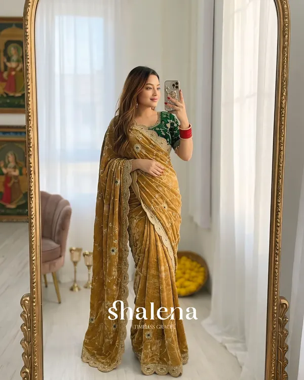 Ornate_Mustard_Fendy_Silk_Sequence_Embroidery_Work_Saree_With_Stitched_Blouse