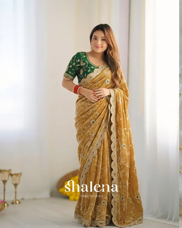 Ornate_Mustard_Fendy_Silk_Sequence_Embroidery_Work_Saree_With_Stitched_Blouse