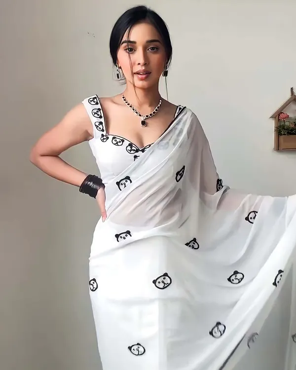 White_Color_1-Minute_Ready_To_Wear_Georgette_Saree_With_Blouse_Piece