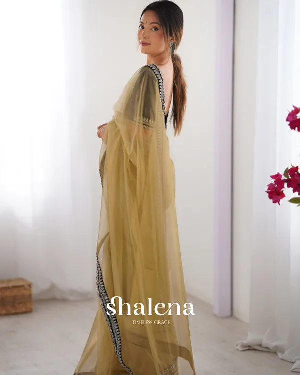 Classy_Beige_Twill_Net_Embroidery_Work_Saree_With_Velvet_Blouse_Piece