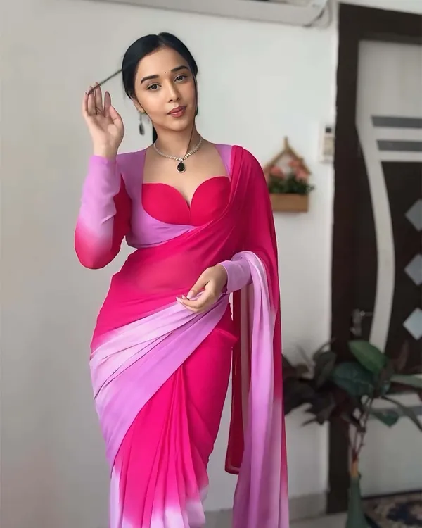 Pink_And_Calm_Pink_Color_1-Minute_Ready_To_Wear_Georgette_Saree_With_Blouse_Piece
