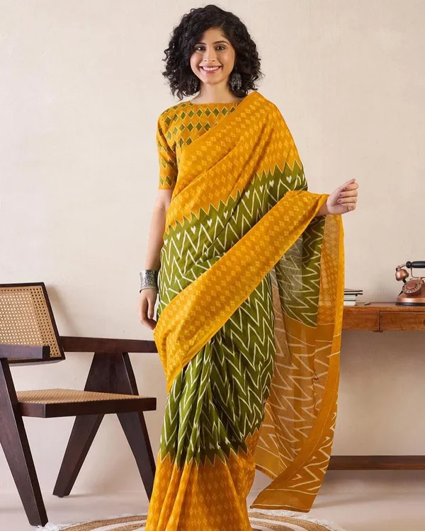 Green_And_Yellow_Color_Mulmul_Cotton_1_-_Minute_Ready_to_Wear_Saree_with_Pocket_and_Blouse_Piece