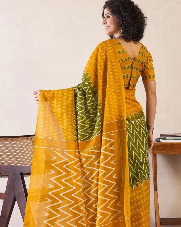 Green_And_Yellow_Color_Mulmul_Cotton_1_-_Minute_Ready_to_Wear_Saree_with_Pocket_and_Blouse_Piece