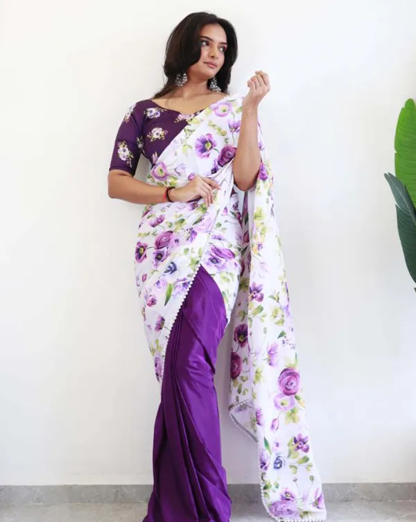 White_and_purple_Color_1_-_Minute_Ready_to_Wear_Natural_Silk_Saree_with_Unstitch_Blouse_Piece