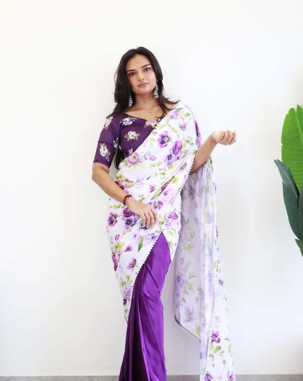 White_and_purple_Color_1_-_Minute_Ready_to_Wear_Natural_Silk_Saree_with_Unstitch_Blouse_Piece
