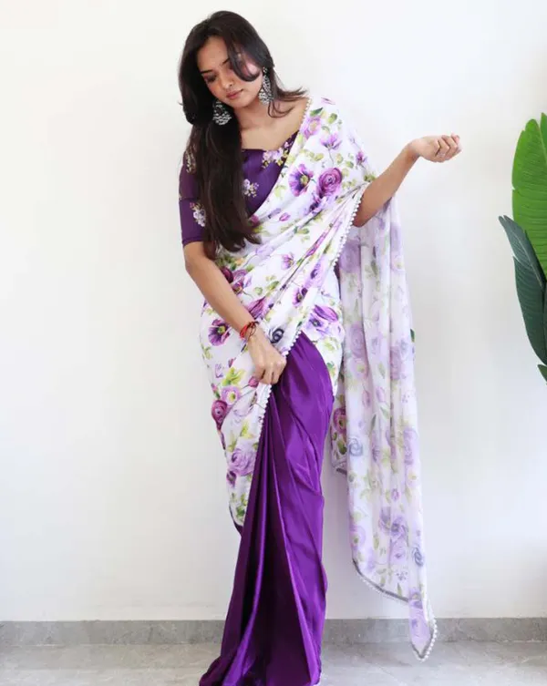 White_and_purple_Color_1_-_Minute_Ready_to_Wear_Natural_Silk_Saree_with_Unstitch_Blouse_Piece