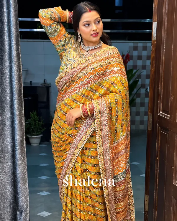 Improbable_Yellow_Chinon_Silk_Printed_Mirror_Work_Saree
