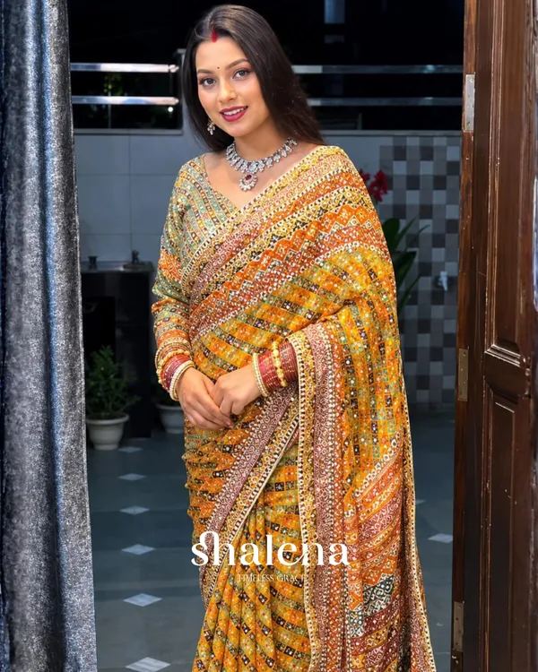 Improbable_Yellow_Chinon_Silk_Printed_Mirror_Work_Saree