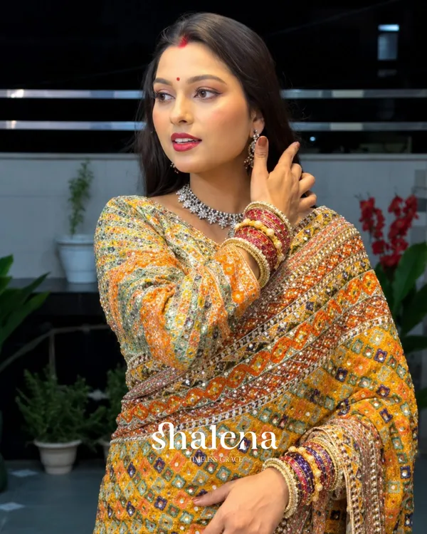 Improbable_Yellow_Chinon_Silk_Printed_Mirror_Work_Saree