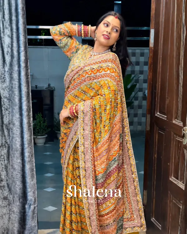 Improbable_Yellow_Chinon_Silk_Printed_Mirror_Work_Saree