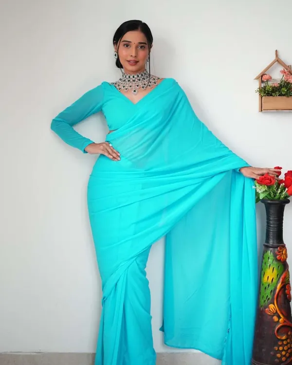 Bottle_Green_Color_1-Minute_Ready_To_Wear_Georgette_Saree_With_Blouse_Piece