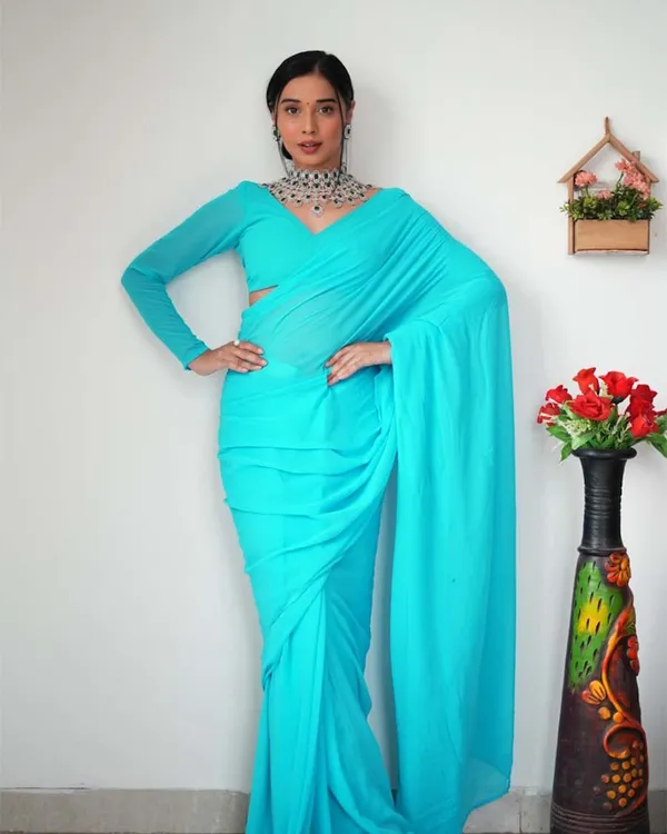 Bottle_Green_Color_1-Minute_Ready_To_Wear_Georgette_Saree_With_Blouse_Piece