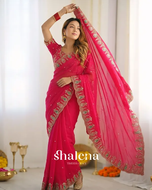Proficient_Dark_Pink_Fendy_Silk_Sequence_Embroidery_Work_Saree_With_Stitched_Blouse