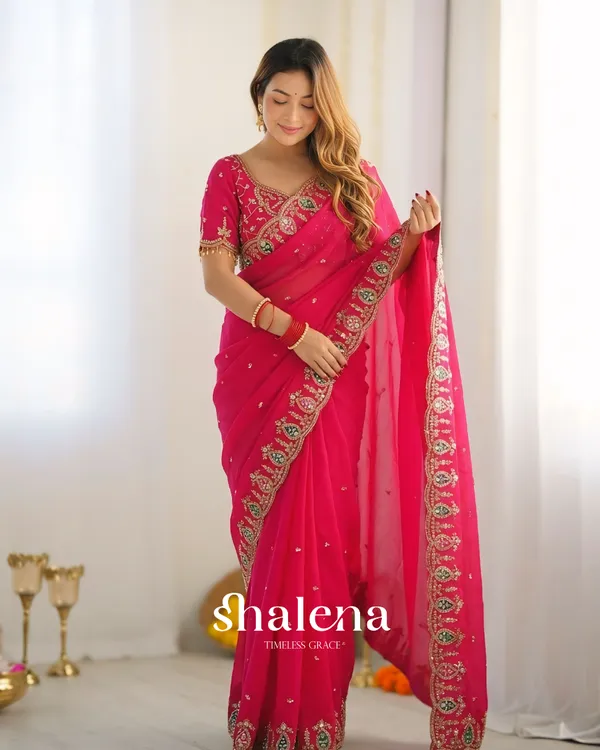 Proficient_Dark_Pink_Fendy_Silk_Sequence_Embroidery_Work_Saree_With_Stitched_Blouse