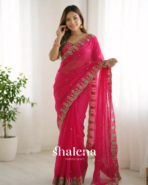 Proficient_Dark_Pink_Fendy_Silk_Sequence_Embroidery_Work_Saree_With_Stitched_Blouse