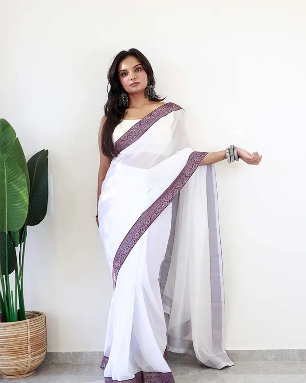 White_Colour_1-Minute_Ready_To_Wear_Georgette_Saree_With_Blouse_Piece