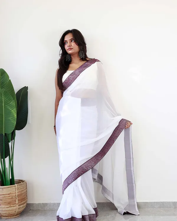 White_Colour_1-Minute_Ready_To_Wear_Georgette_Saree_With_Blouse_Piece